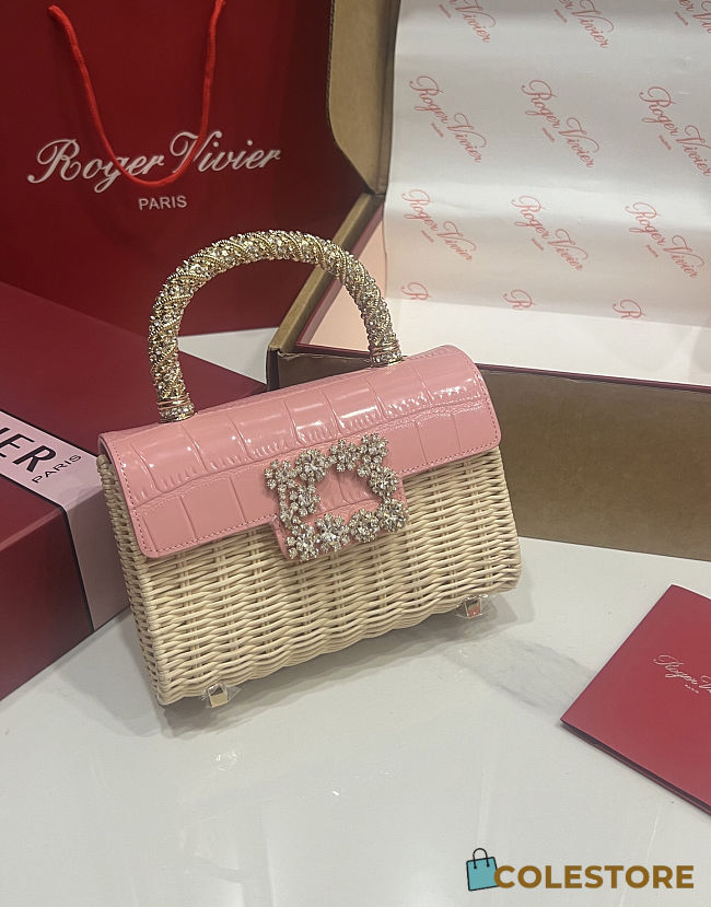 Colestore Roger Vivier Jewel Efflorescence Mini Bag in leather and rattan Natural, Pink 19x13x4cm - 1