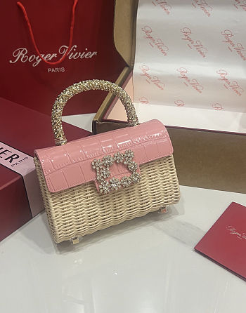 Colestore Roger Vivier Jewel Efflorescence Mini Bag in leather and rattan Natural, Pink 19x13x4cm