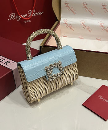 Colestore Roger Vivier Jewel Efflorescence Mini Bag in leather and rattan Natural, Light Blue 19x13x4cm