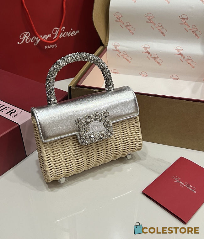 Colestore Roger Vivier Jewel Efflorescence Mini Bag in leather and rattan Natural, Silver 19x13x4cm - 1