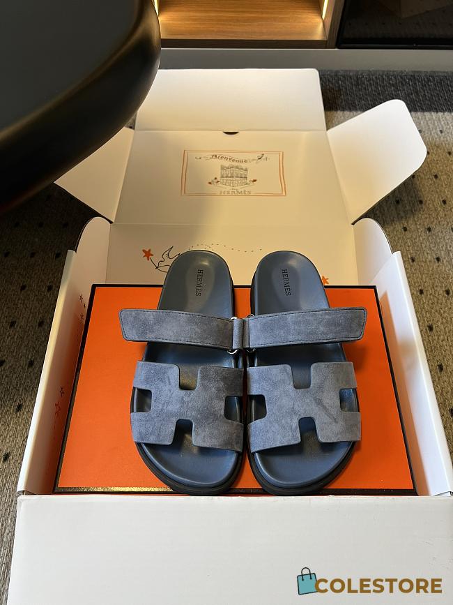Colestore Hermes Men’s Chypre Sandals Bleu Turquin Suede - 1