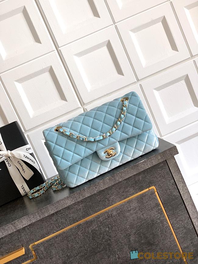 	 Colestore Chanel Medium Classic Double Flap Bag in Light blue Velvet Light Gold Hardware 25.5x15.5x6.5cm - 1