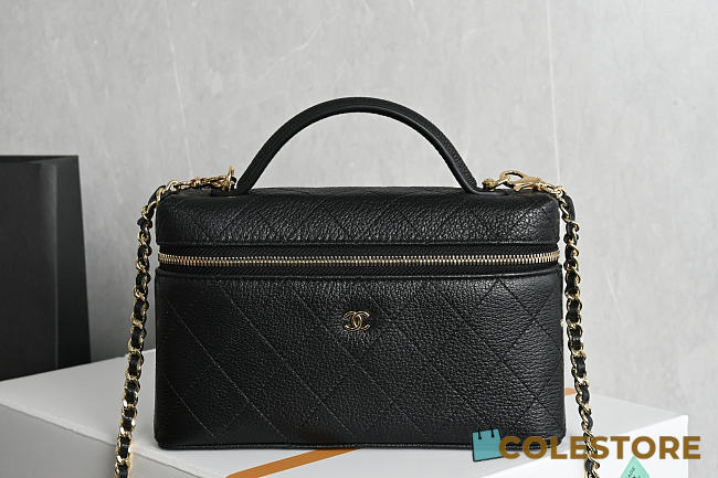 Colestore Chanel Goatskin Stitched Top Handle Slim Vanity With Chain Black 17x19.5x5cm - 1