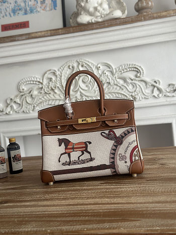 Colestore Hermes Birkin Horse Totem in Brown Swift and Toile canvas Gold Hardware 25cm