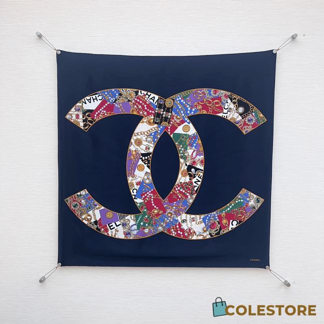 Colestore Chanel Mini Bandana   Silk Satin  Navy Blue, Golden & Multicolor - 1