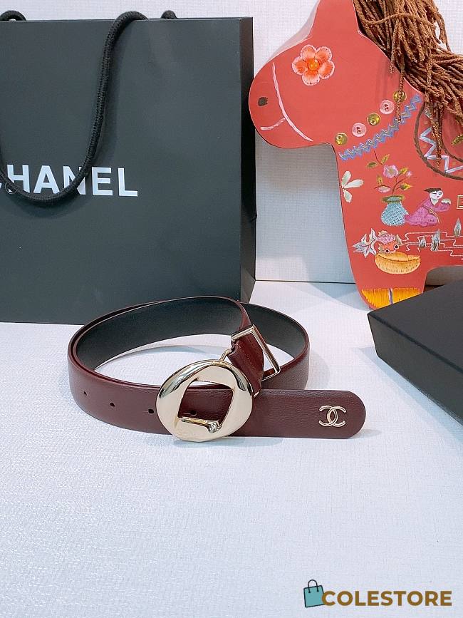 Colestore Chanel Leather belt   Calfskin & Metal  Burgundy & Gold - 1