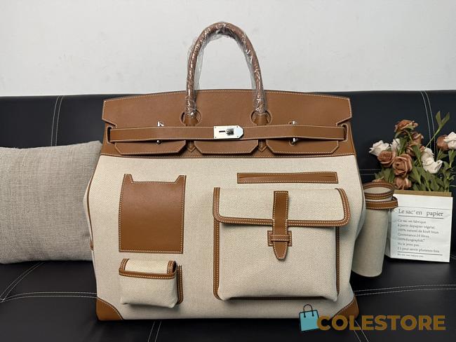 Colestore Hermes HAC 50 Bag in Gold Swift Leather & Canvas with Silver Hardware 50x40x25cm - 1