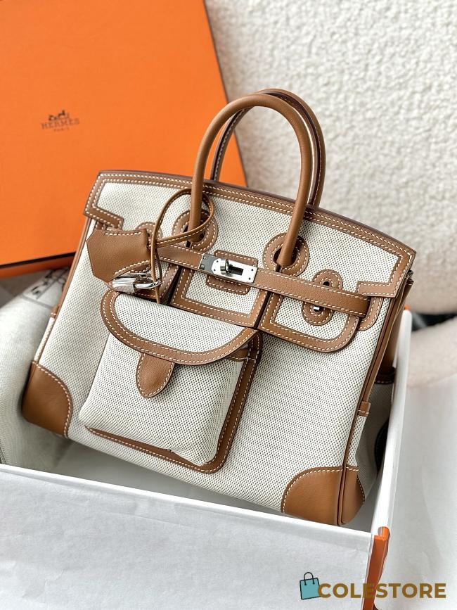 Colestore Hermes Birkin 25 Cargo Ecru-Beige Toile H and Gold Swift Palladium Hardware - 1