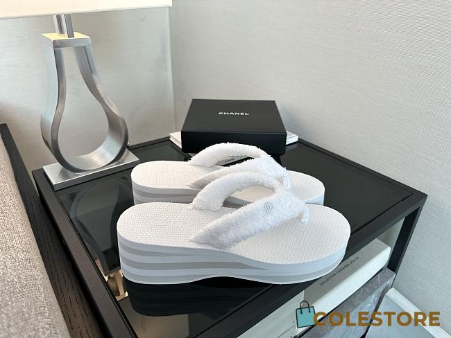Colestore Chanel White Fabric Thongs Wedge Sandals - 1