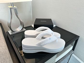 Colestore Chanel White Fabric Thongs Wedge Sandals