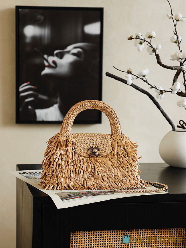 Colestore Chanel Mini Shopping Bag   Raffia-Effect Fabric, Wood & Gold-Tone Metal  Dark Beige  13 x 19 x 7cm - 1