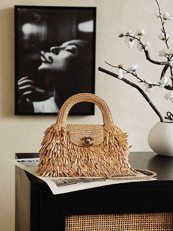 Colestore Chanel Mini Shopping Bag   Raffia-Effect Fabric, Wood & Gold-Tone Metal  Dark Beige  13 x 19 x 7cm