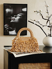 Colestore Chanel Mini Shopping Bag   Raffia-Effect Fabric, Wood & Gold-Tone Metal  Dark Beige  13 x 19 x 7cm - 2