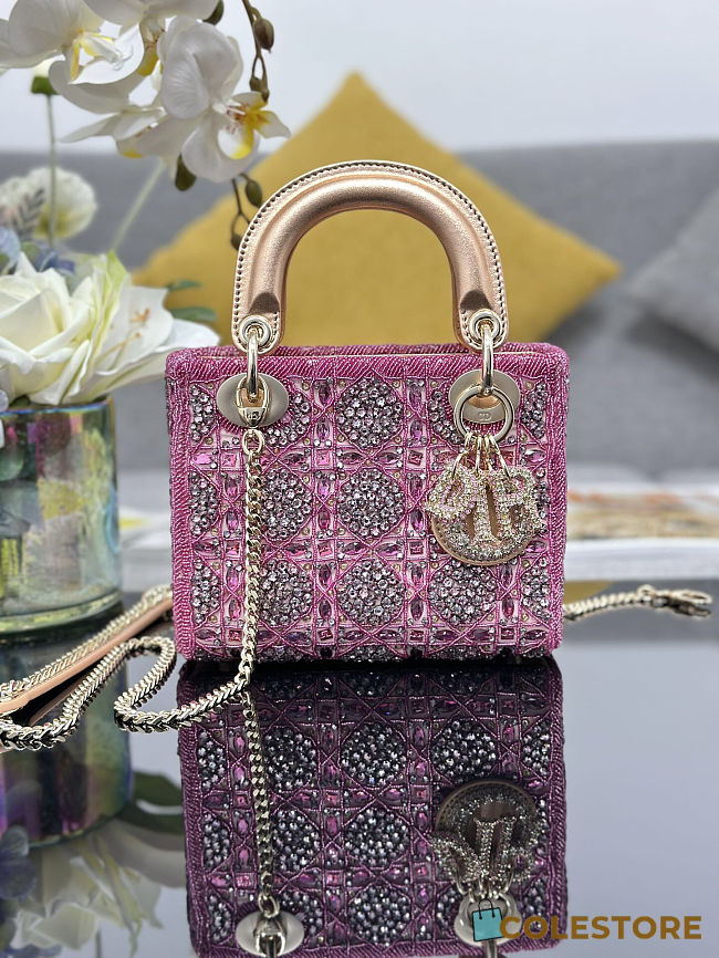 Colestore Dior Mini Lady Dior Bag Metallic Lambskin and Rose des Vents Satin Embroidered with Beads  17 x 15 x 7 cm - 1