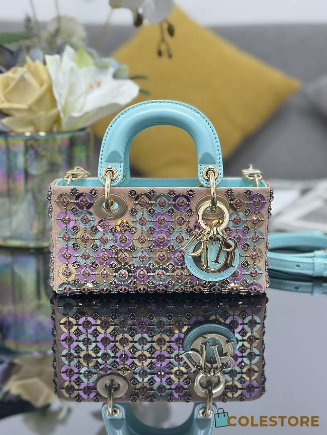 Colestore Dior Lady D-Joy Micro Bag Satin Embroidered with Silver-Finish Cabochons and Multicolor Sequins 16x9x5cm - 1