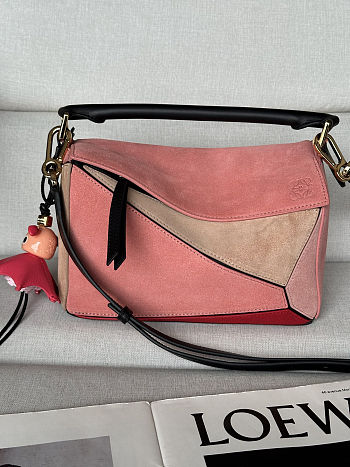Colestore Loewe Puzzle 10 FW15 Runway re-edition in calfskin suede Pecan/Parrot Pink 24x16x10cm