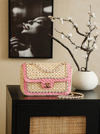 Colestore Chanel Raffia Chain Venice Beach Flap Bag Beige Pink Light Gold Metal 23cm