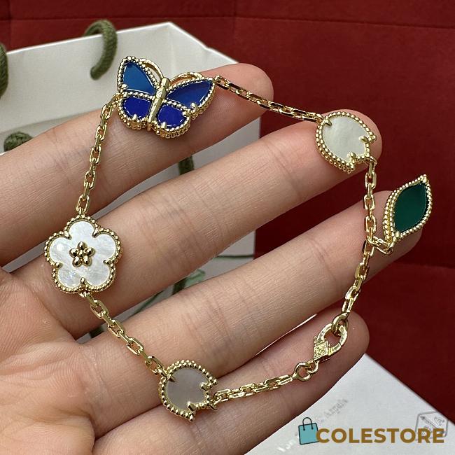 Colestore Van Cleef & Arpels Lucky Spring Butterfly bracelet, 5 motifs Yellow gold, Agate, Lapis Lazuli, Mother-of-pearl size 18.5cm - 1