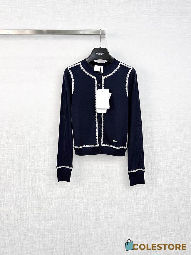 Colestore Dior Cardigan Navy Blue Silk Knit and White Lace  - 1