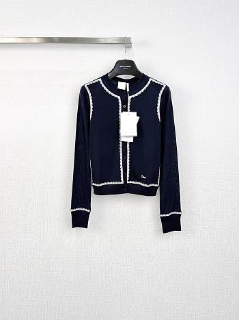 Colestore Dior Cardigan Navy Blue Silk Knit and White Lace 