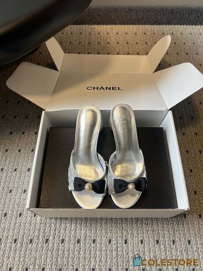 Colestore Chanel Sequined Quilted Mesh Mules with Pearl Heel 7cm - 1