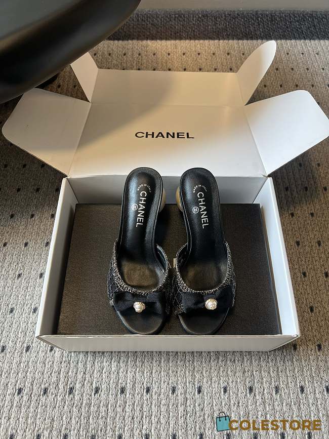 Colestore Chanel Sequined Black Quilted Mesh Mules with Pearl Heel 7cm - 1