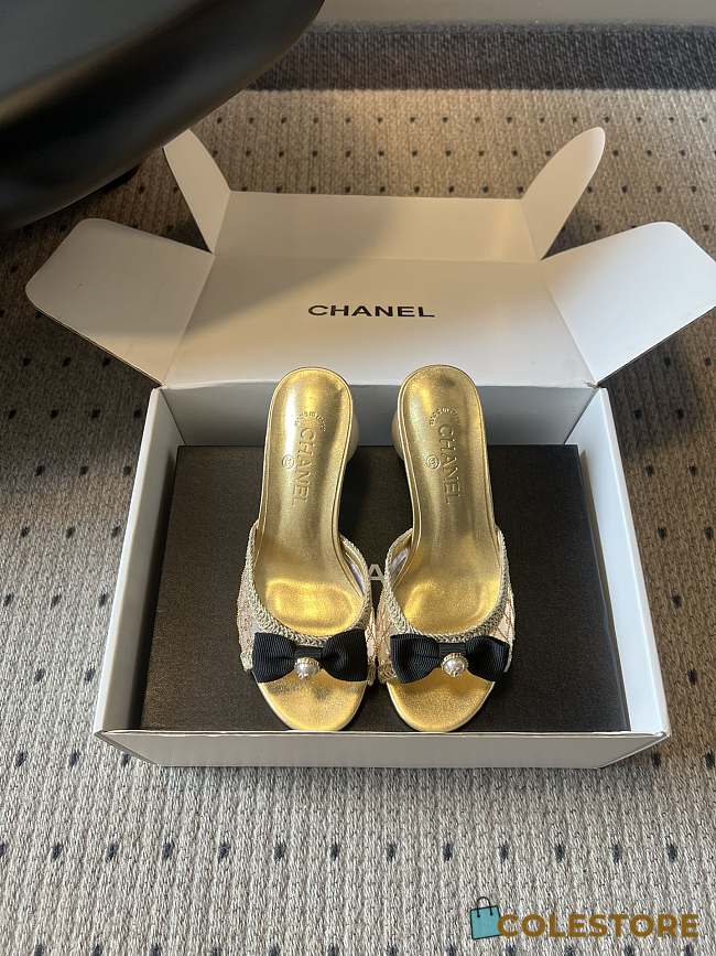 Colestore Chanel Sequined Gold Quilted Mesh Mules with Pearl Heel 7cm - 1