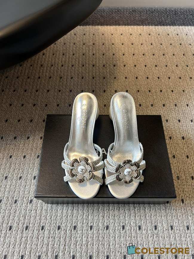 Colestore Chanel Rhinestone Flower Pearl Sandals Silver 7cm - 1