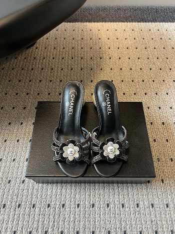 Colestore Chanel Rhinestone Flower Pearl Sandals Black 7cm