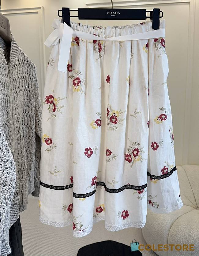 Colestore  Prada Ruby Red Floral Print Linen Skirt  - 1