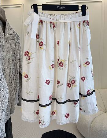 Colestore  Prada Ruby Red Floral Print Linen Skirt 