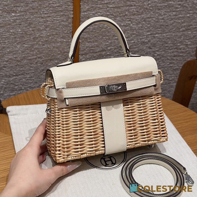 Colestore Hermes Picnic Kelly 20 White Swift/Osier Wicker Palladium Hardware 20x18x12cm - 1