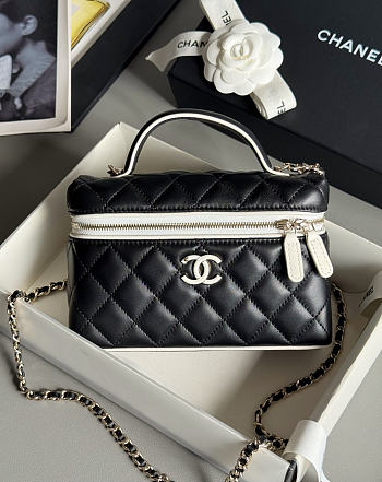 Colestore Chanel Vanity Bag with Top Handle and Chain Strap Black Quilted Leather with Silver-Tone Hardware 17x19.5x5.5cm