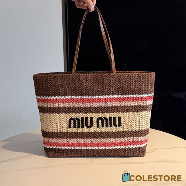 Colestore Miu Miu Raffia-effect woven tote bag Tobacco/Strawberry/Natural 40x34x16cm - 1