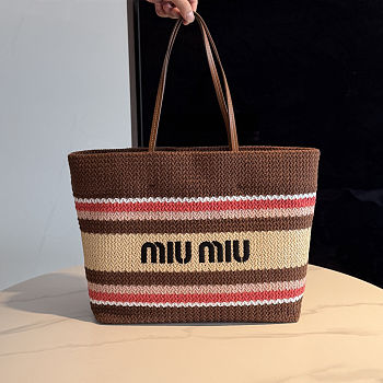 Colestore Miu Miu Raffia-effect woven tote bag Tobacco/Strawberry/Natural 40x34x16cm