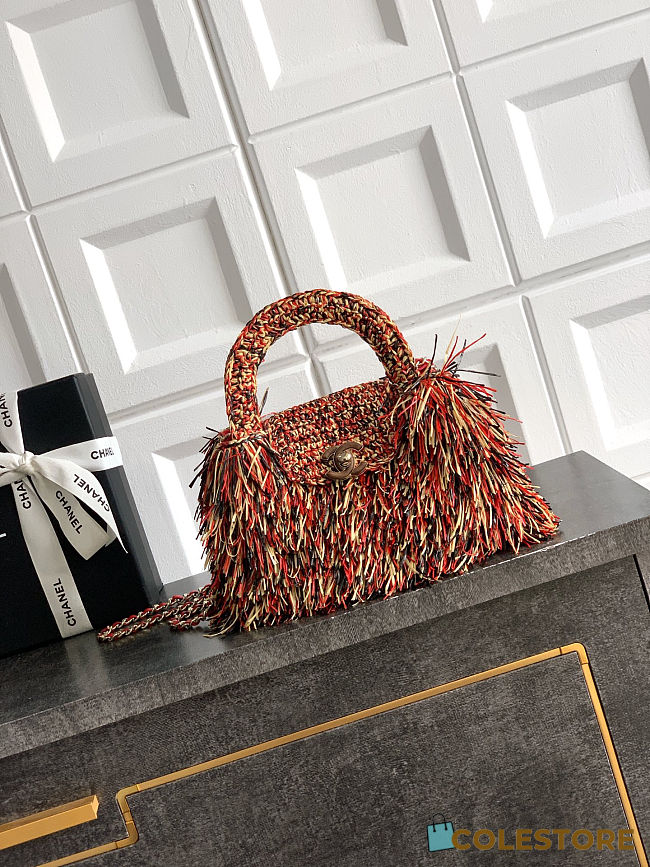 Colestore Chanel Mini Shopping Bag Raffia-Effect Fabric, Wood & Gold-Tone Metal Red, Light Beige & Black 13 x 19 x 7cm - 1