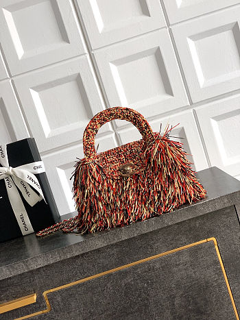 Colestore Chanel Mini Shopping Bag Raffia-Effect Fabric, Wood & Gold-Tone Metal Red, Light Beige & Black 13 x 19 x 7cm