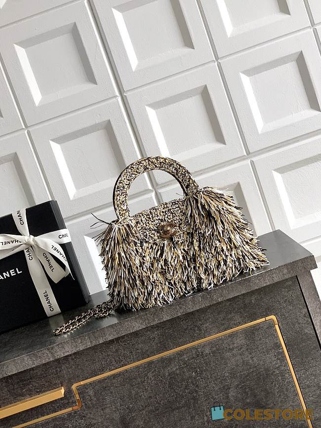 Colestore Chanel Mini Shopping Bag Raffia-Effect Fabric, Wood & Gold-Tone Metal White, Light Beige & Black 13 x 19 x 7cm - 1