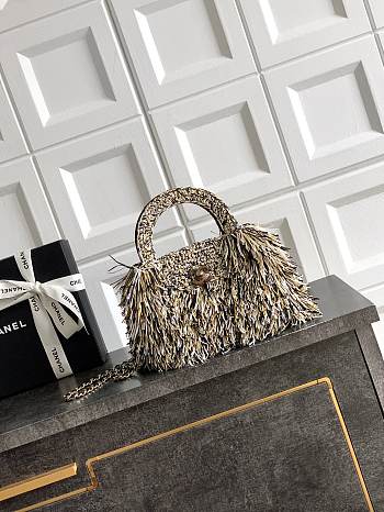 Colestore Chanel Mini Shopping Bag Raffia-Effect Fabric, Wood & Gold-Tone Metal White, Light Beige & Black 13 x 19 x 7cm