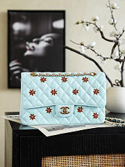 Colestore Chanel Classic Flap bag in Light blue Quilted leather Featuring Embroidered Floral details and Gold-tone Hardware 25.5x15.5x6.5cm - 1