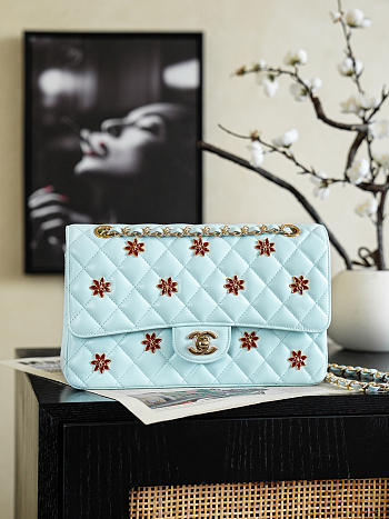 Colestore Chanel Classic Flap bag in Light blue Quilted leather Featuring Embroidered Floral details and Gold-tone Hardware 25.5x15.5x6.5cm
