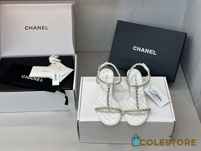 Colestore Chanel Leather Crystal Embellished Thong Sandals in White 5.5cm  - 1