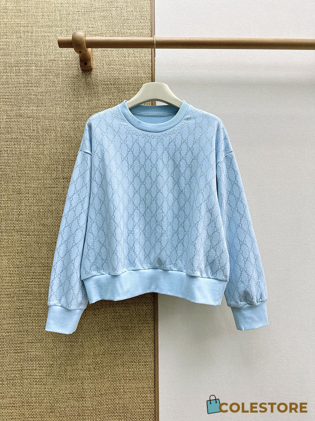 Colestore Gucci Cotton Jersey Sweatshirt With Gg Crystals  Blue - 1