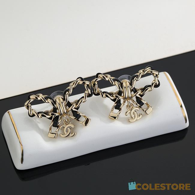 Colestore Chanel Goldtone Metal and Leather CC Bow Earrings - 1