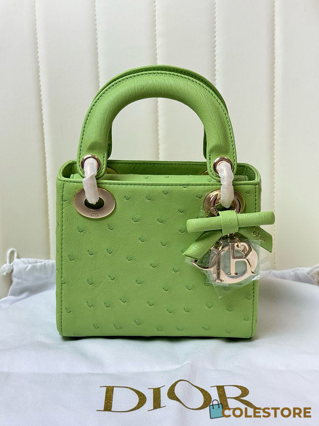 	 Colestore Dior Mini Lady Dior Light Green Ostrich Leather with Strap 17cm - 1