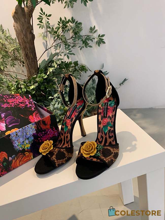Colestore Dolce & Gabbana Women's Brown Leopard Print Yellow Rose Sandals 105mm - 1