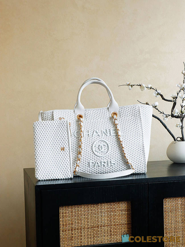 Colestore Chanel Large Shopping Bag   Braided Straw, Suede Calfskin & Gold-Tone Metal  White 38cm - 1