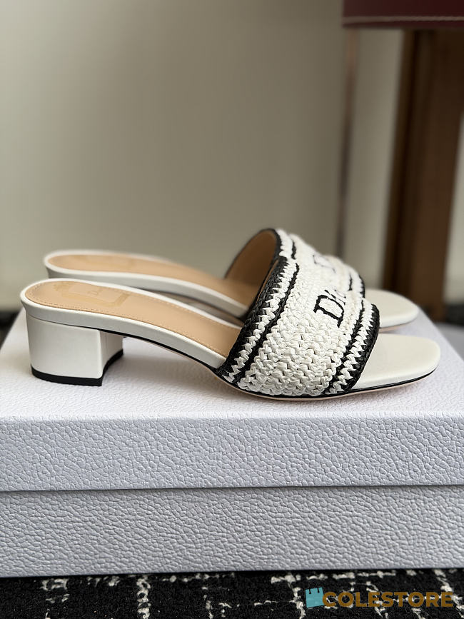 Colestore Dior Dioriviera Dior Woven Heeled Slide White Crocheted Raffia-Effect Technical Fabric  - 1