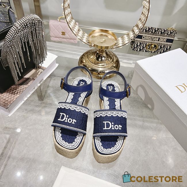 Colestore Dior Dentelle Wedge Sandal Navy Blue Dior Oblique Embroidered Cotton and White Lace - 1