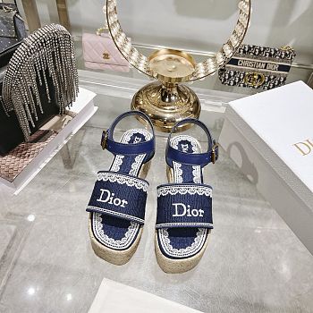 Colestore Dior Dentelle Wedge Sandal Navy Blue Dior Oblique Embroidered Cotton and White Lace